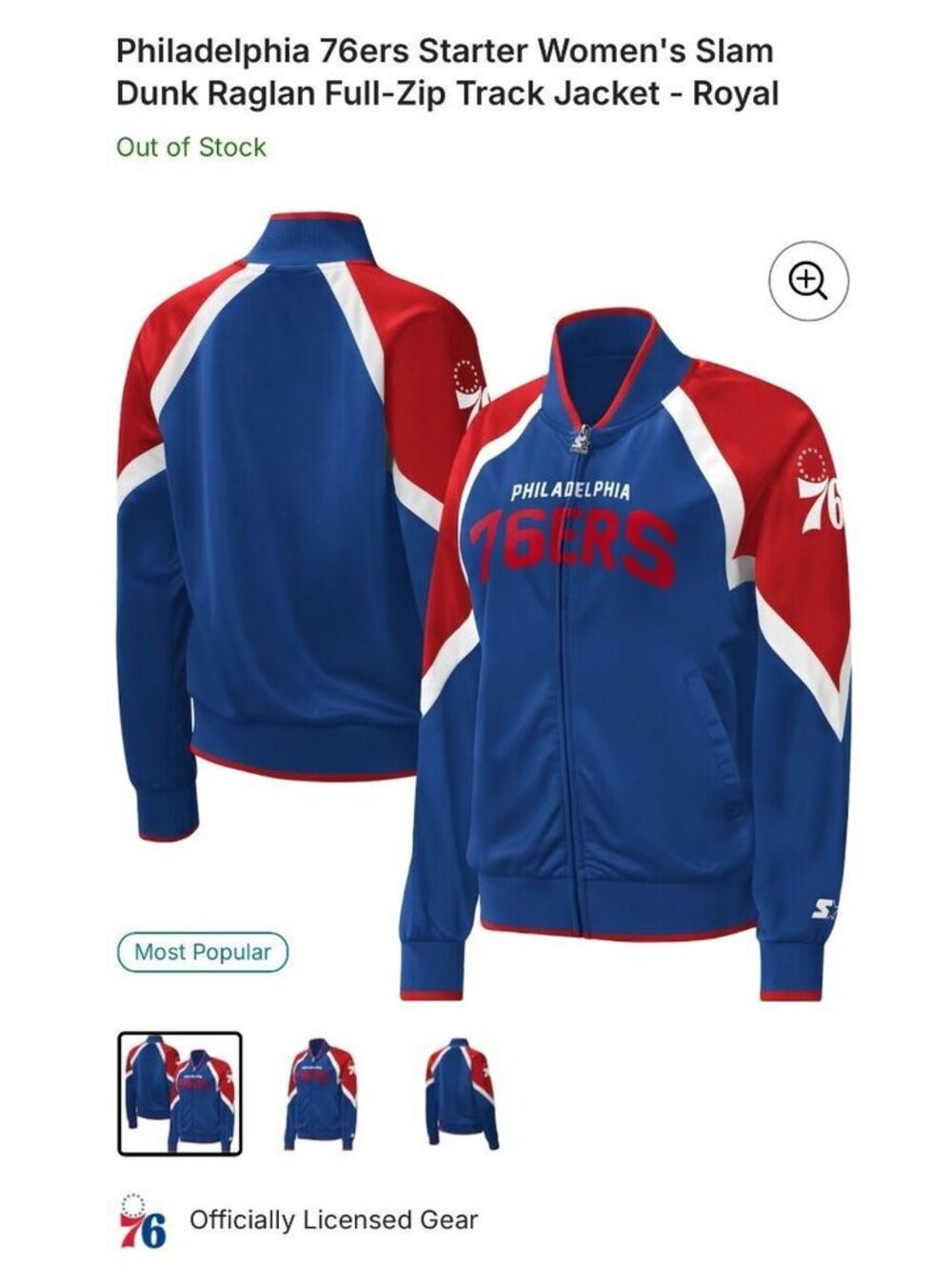 Philadelphia 76ers Starter Women's Slam Dunk Raglan Full-Zip Track Jacket - Blue